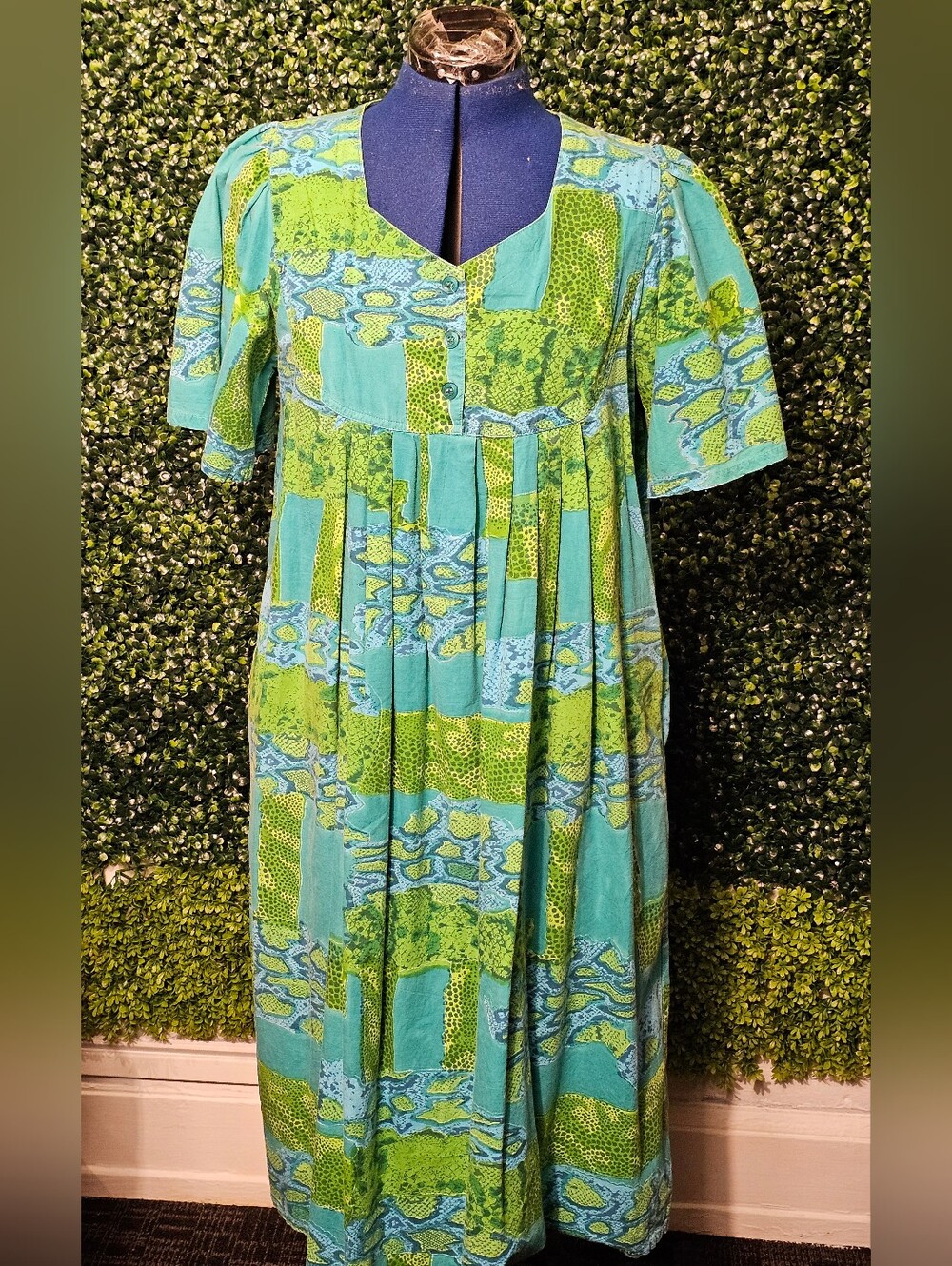 Vintage Green & Teal Patchwork Short-Sleeve Dress